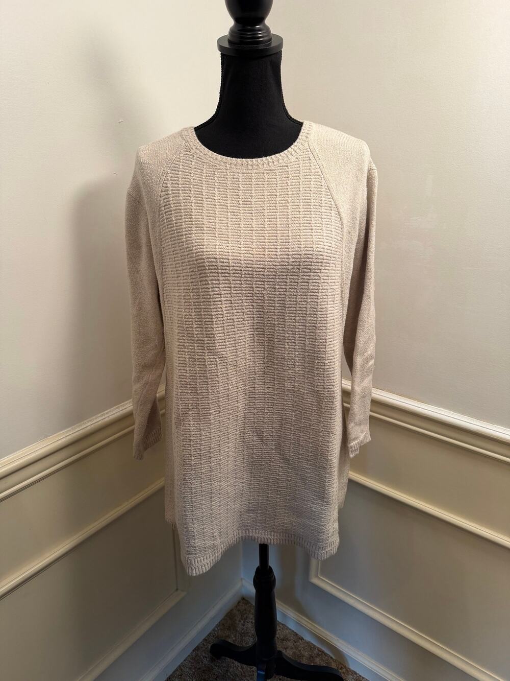 J. Jill Cream Textured Knit Tunic Sweater Cotton Blend Long Sleeve Crewneck